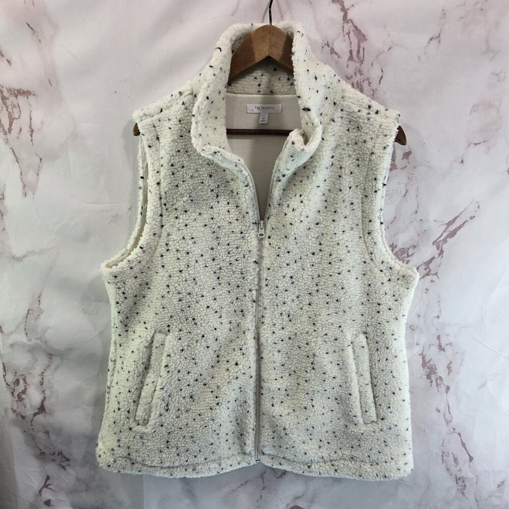 Talbots Vest Womens Medium White Black Fleck Speck Speckled Dot Fleece Sherpa